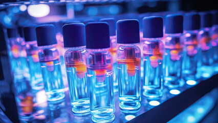 Test tubes with liquid against blurred background, closeup. Laboratory analysis