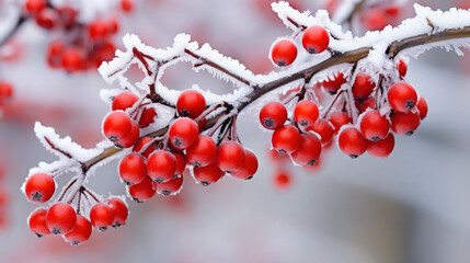 Fototapeta na wymiar delicate snowflakes resting on the vibrant red berries of a holly bush