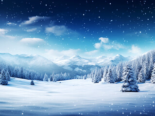 Fototapeta na wymiar Beautiful winter with fresh powder snow landscape with spruce trees, blue starry sky, and high alpine mountain background