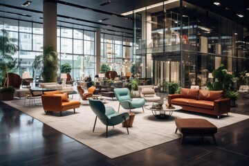 Discover modern interior design at its finest. This bright and luxurious showroom features contemporary furniture, stylish decor, and comfortable pieces, perfect for your home or business. - obrazy, fototapety, plakaty