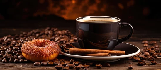 Papier Peint photo Lavable Bar a café A beautiful cup holds morning coffee black aromatic with various grains and accompanied by cinnamon sticks and a delicious donut on a wooden table