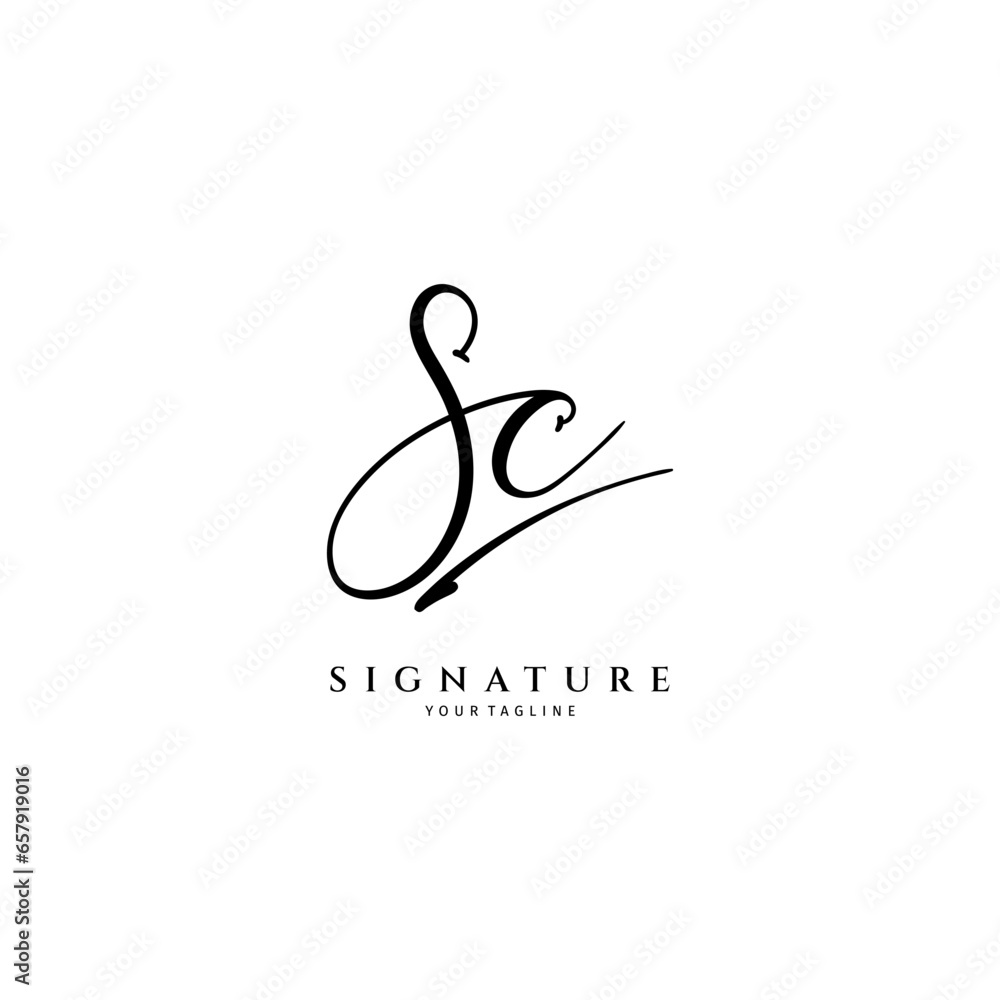 Poster sc handwritten logo template. initial signature vector