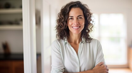 A portrait of a beautiful Hispanic looking woman wearing white shirt in her house, office, housewife, working from home, lifestyle blog