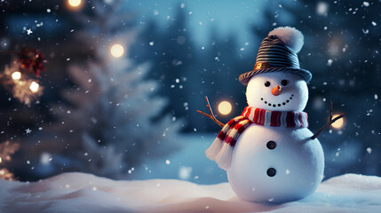 Obraz premium Snowy Christmas background with decorative and fun snowman.