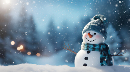 Fototapeta premium Snowy Christmas background with decorative and fun snowman.