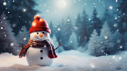Fototapeta premium Snowy Christmas background with decorative and fun snowman.
