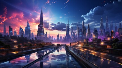 A futuristic depiction of the world, transformed by the AI revolution. Skyscrapers with holographic advertisements