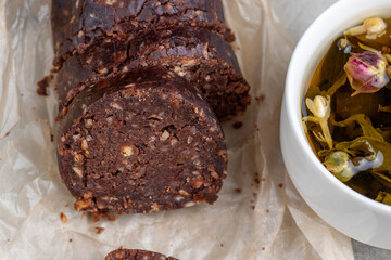 chocolate mass made from butter with the addition of cocoa and peanuts with cookies