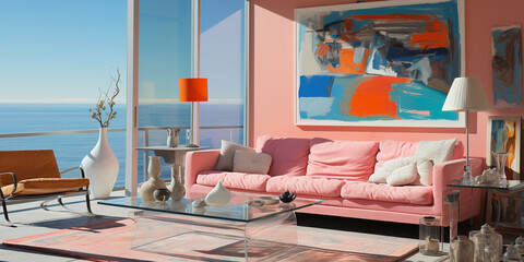 Edle Wohnecke mit farbigen Dekos und schöner Couch im modernen Stil im Querformat für Banner, ai generativ