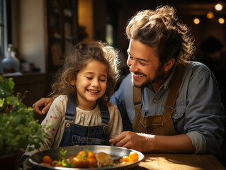 A father and daughter sitting at table together smiling, eating, dinner
