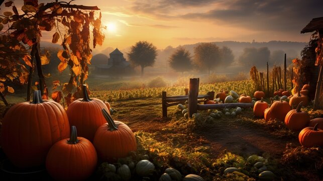 Golden pumpkin harvest in a rural autumn landscape.