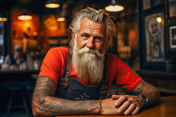 Old trendy man in a tattoo parlor - obrazy, fototapety, plakaty