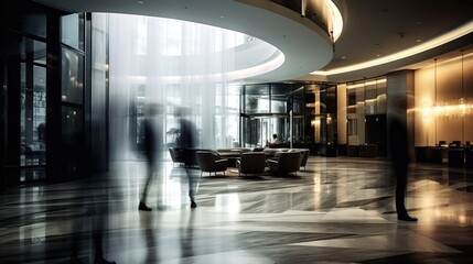 Hotel lobby with people motion blur view long exposure - obrazy, fototapety, plakaty