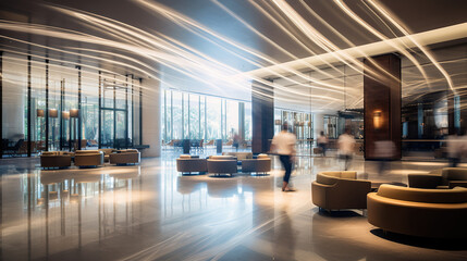 Naklejka na ściany i meble Hotel lobby with people motion blur view long exposure 