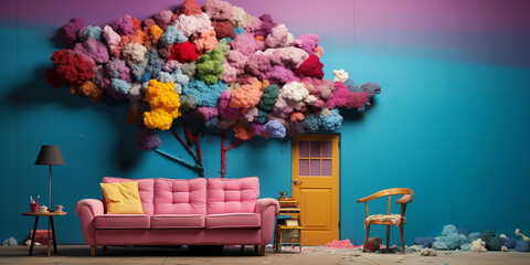 Edle Wohnecke mit schönen rosa flieder Farbenen Dekos und schöner Couch im modernen Stil im Querformat für Banner, ai generativ - obrazy, fototapety, plakaty