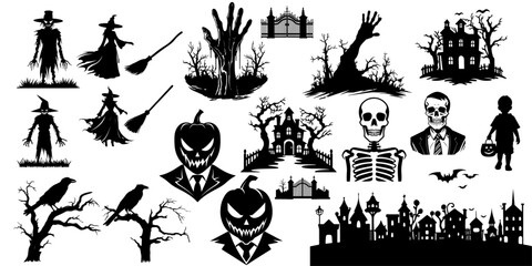 Set of Halloween silhouettes in black icon and character styles. Vector illustration isolated on white background, transparent background, PNG and vector - obrazy, fototapety, plakaty