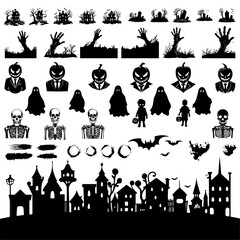 Vector illustration of Halloween silhouettes set in black icon and character styles. Isolated on white background, transparent background, PNG and vector