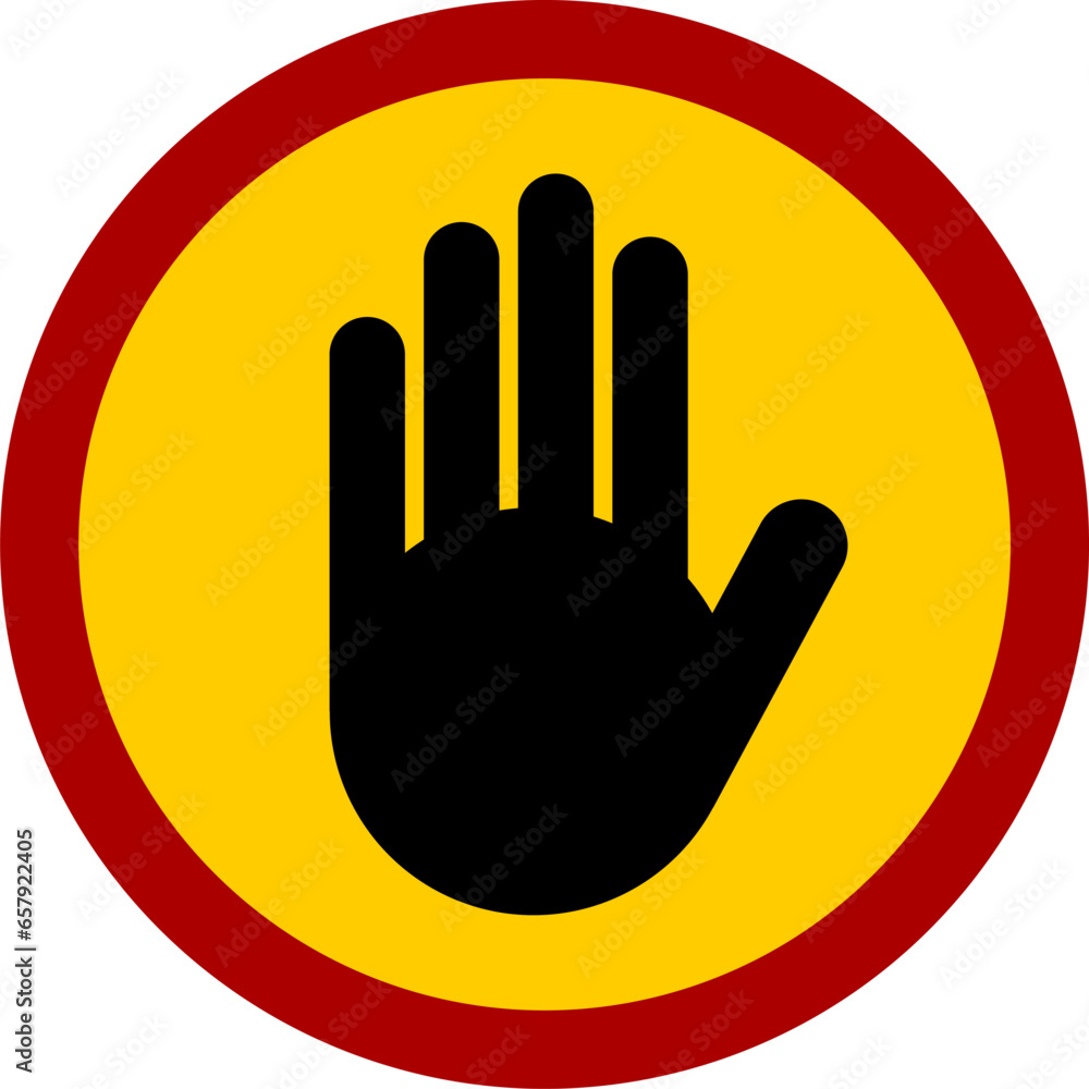 Aufkleber red black and yellow stop hand block round sign or adblock icon. vector image.