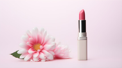 Obraz na płótnie Canvas Pink Lipstick with a blossom on Pastel Pink Background