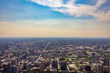 Chicago aerial photography view of buildings in a sunny day. Architectural view of the city, urban scene.