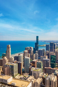 Chicago aerial photography view of buildings in a sunny day. Architectural view of the city, urban scene.