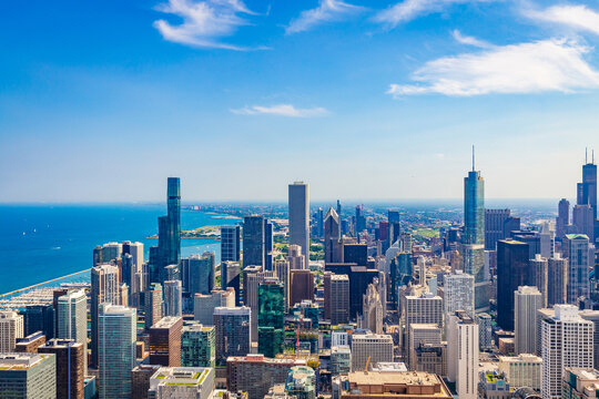Chicago aerial photography view of buildings in a sunny day. Architectural view of the city, urban scene.