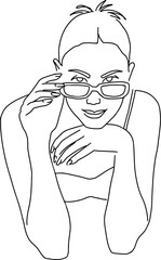 Fashion woman portrait in glasses. Line art girl.