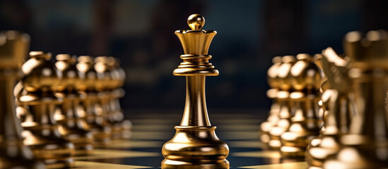 The golden chess king stands face to face with the silver chess team to challenge the concept of leadership and business strategy management and leadership, - obrazy, fototapety, plakaty