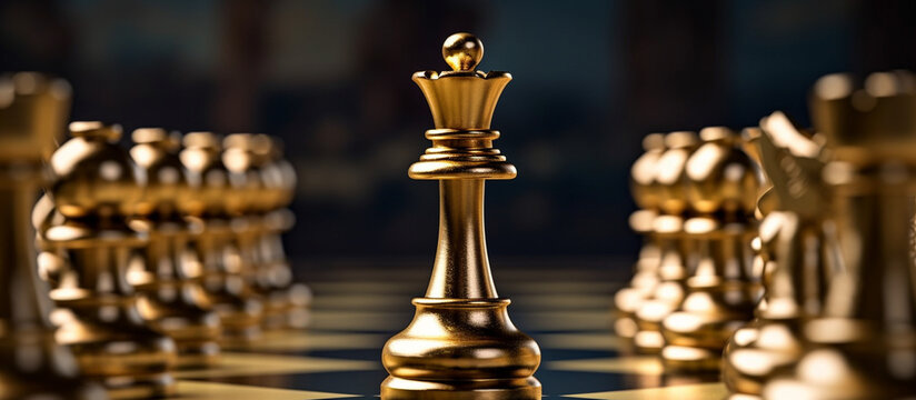 The golden chess king stands face to face with the silver chess team to challenge the concept of leadership and business strategy management and leadership,