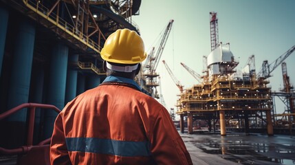 Energy Industry: Behind the scenes of an offshore oil rig worker is working, a worker walks to an oil and gas plant to work in the process area.