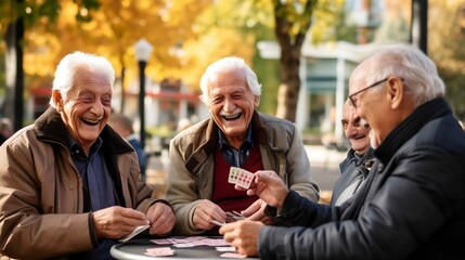 Elderly men have fun playing cards at the park