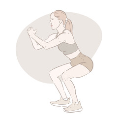 Beautiful girl, sportswear doing exercise. Slim and muscular figure. Glute workout at home, bodyweight. Fitness routine, body care. Activity and healthy lifestyle. Vector illustration in sketch style.
