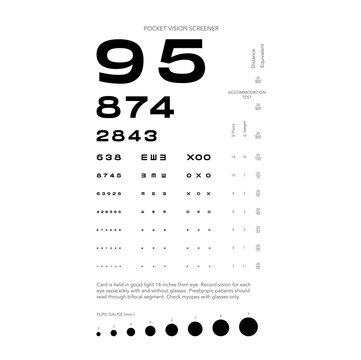Rosenbaum Pocket Vision Screener Eye Test Chart medical illustration with numbers. Line vector sketch style outline isolated on white background. Vision board optometrist ophthalmic for examination