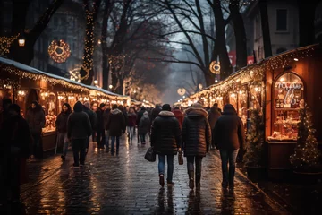 Fotobehang Marché de Noël en ville, décors lumineux et festivités d'hiver, évènement de fin d'année © Johnny