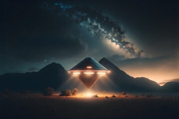 UFO with pyramidal and minimalist design in a night sky Scifi photorealistic ultra detail ultra realism high key cinematic  - obrazy, fototapety, plakaty