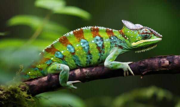 Generative AI illustration of realistic multicolored chameleon with iridescent skin in speckles sitting on branch of a bush over black background