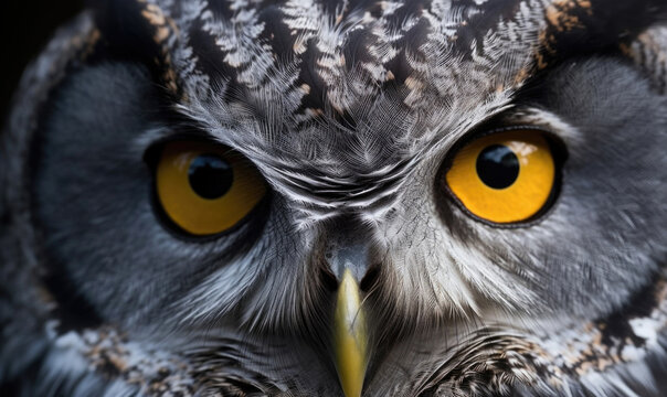Generative AI illustration of closeup round yellow eyes of great gray owl looking away at dark night