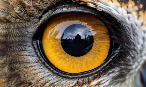 Generative AI illustration of closeup round yellow eye of brown owl looking away at dark night