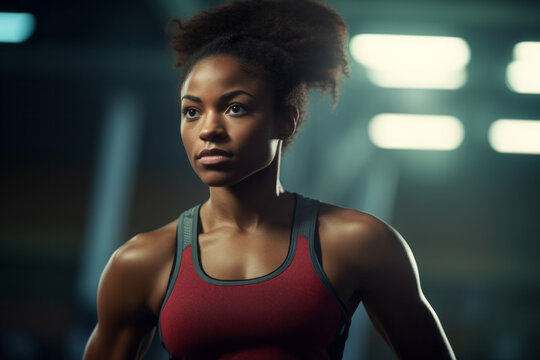 AI generated image of African American muscular woman in the cross training gym