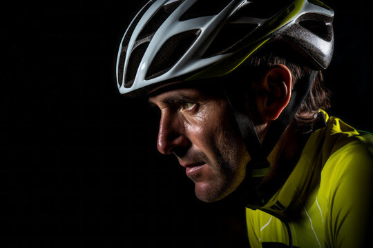 AI generated image of close up of bicycle racer wearing safety helmet on a black background