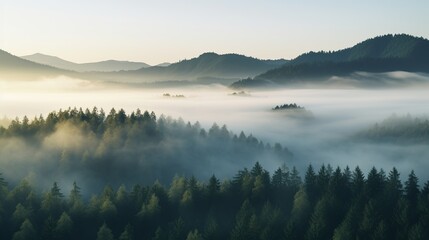 The scene is full of misty trees and trees in the style of a mountain landscape.