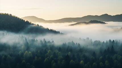 The scene is full of misty trees and trees in the style of a mountain landscape. - obrazy, fototapety, plakaty