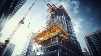 An Looking up at skyscraper construction site with yellow crane and elevator outside, high rise building construction. - obrazy, fototapety, plakaty