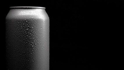 
soda can rotating in colorless white light with water drops on black background