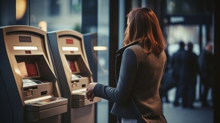 Cash trading business: Behind a young woman stands and withdraws cash from an ATM. - obrazy, fototapety, plakaty