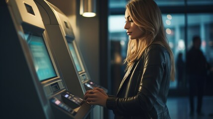 Cash trading business: Behind a young woman stands and withdraws cash from an ATM.