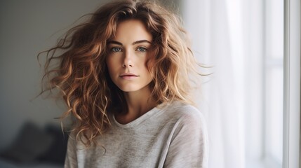 amazing young woman Beautiful, wavy hair swept to the side. Wearing all light gray sweaters. autumn photography She woke up and sat up straight in bed. Woman waking up in the morning. - obrazy, fototapety, plakaty