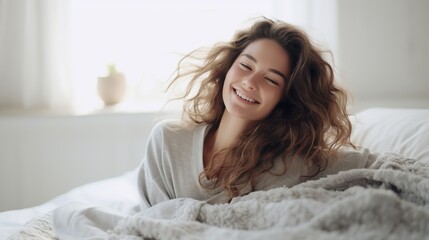 amazing young woman Beautiful, wavy hair swept to the side. Wearing all light gray sweaters. autumn photography She woke up and sat up straight in bed. Woman waking up in the morning. - obrazy, fototapety, plakaty