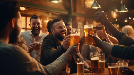 Happy peoples raising beer glasses at the bar. Octoberfest, St. Patricks Day concept.  - obrazy, fototapety, plakaty