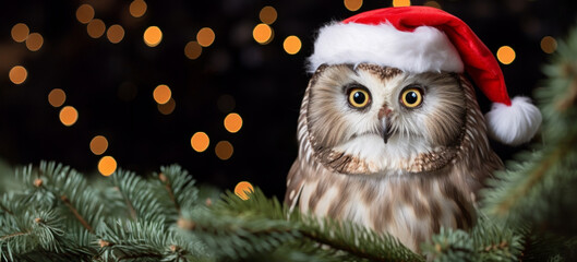 Fototapeta premium Merry Christmas Winter Wonderland with a Merry Saw-Whet Owl. Tiny and Expressive Owl in a Red Santa Hat, In A Christmas Tree. 